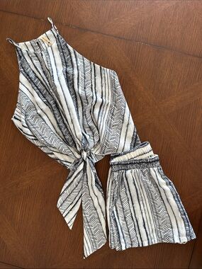 Tyche White and Black Striped Tie-Front Top and Short Set - Size S - NWOT
